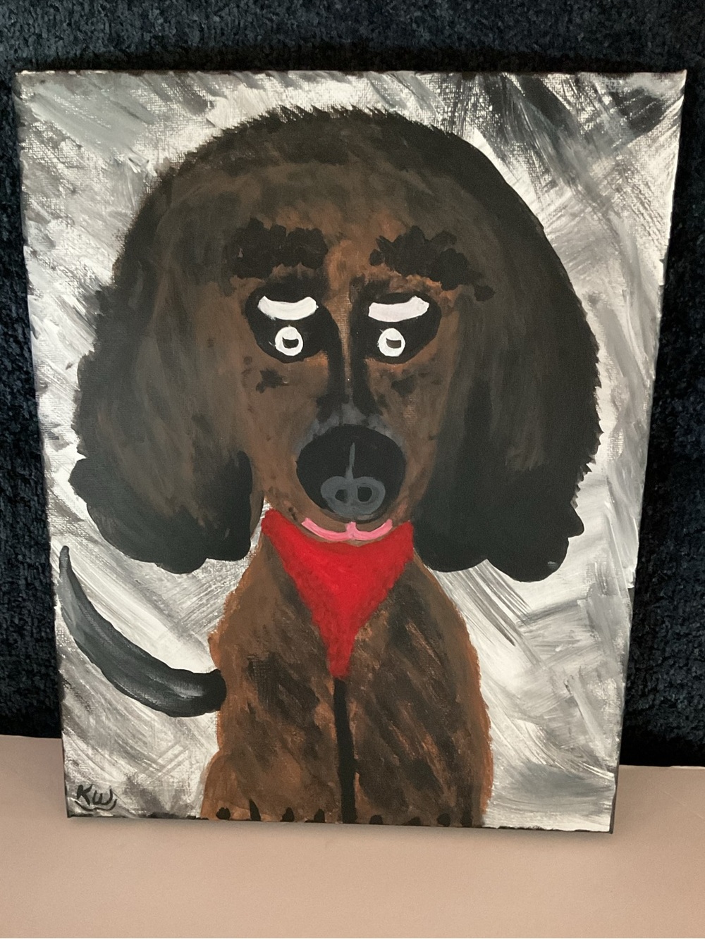 Whimsical brown Weiner Dog Portrait Painting with Red Bandana.